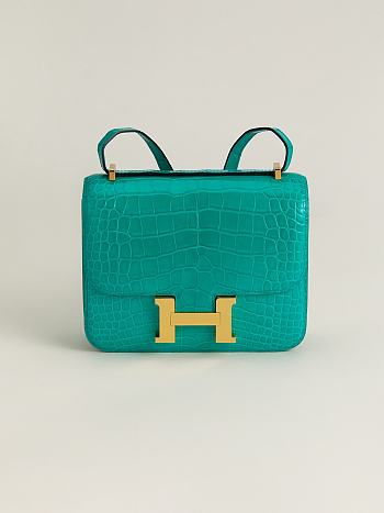 Fortok Hermes Constance Gold Buckle Imperial Green Crocodile Leather Bag 19x15x4cm