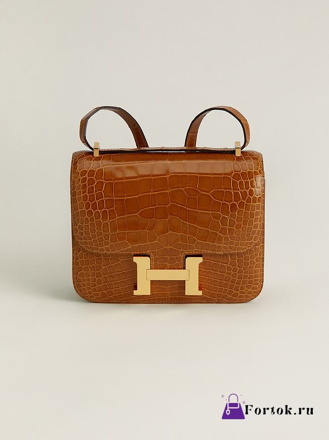 Fortok Hermes Constance Gold Buckle Tobacco Crocodile Leather Bag 19x15x4cm - 1