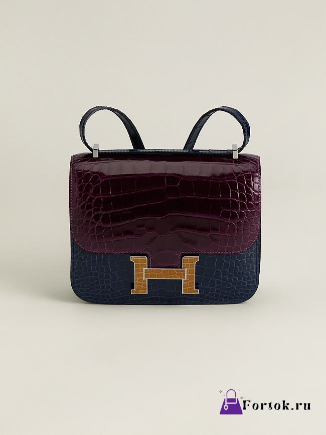 Fortok Hermes Constance Ink Blue/Gallon Violet/Bare Sand Alligator Buckle Crocodile Leather 19x15x4cm - 1