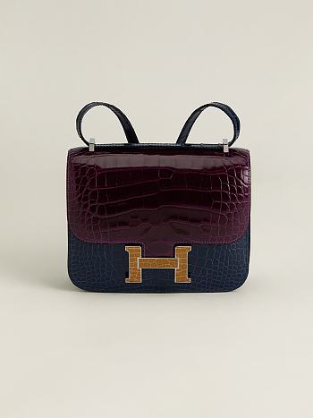 Fortok Hermes Constance Ink Blue/Gallon Violet/Bare Sand Alligator Buckle Crocodile Leather 19x15x4cm