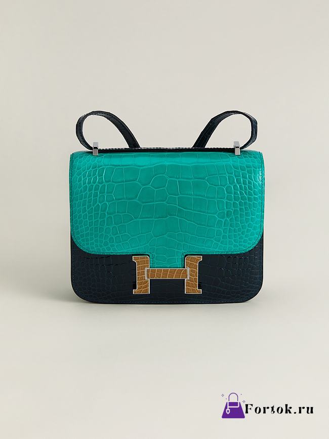 Fortok Hermes Constance Imperial green/Rousseau Green/Bare sand Alligator Buckle Crocodile Leather 19x15x4cm - 1