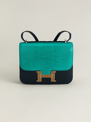 Fortok Hermes Constance Imperial green/Rousseau Green/Bare sand Alligator Buckle Crocodile Leather 19x15x4cm