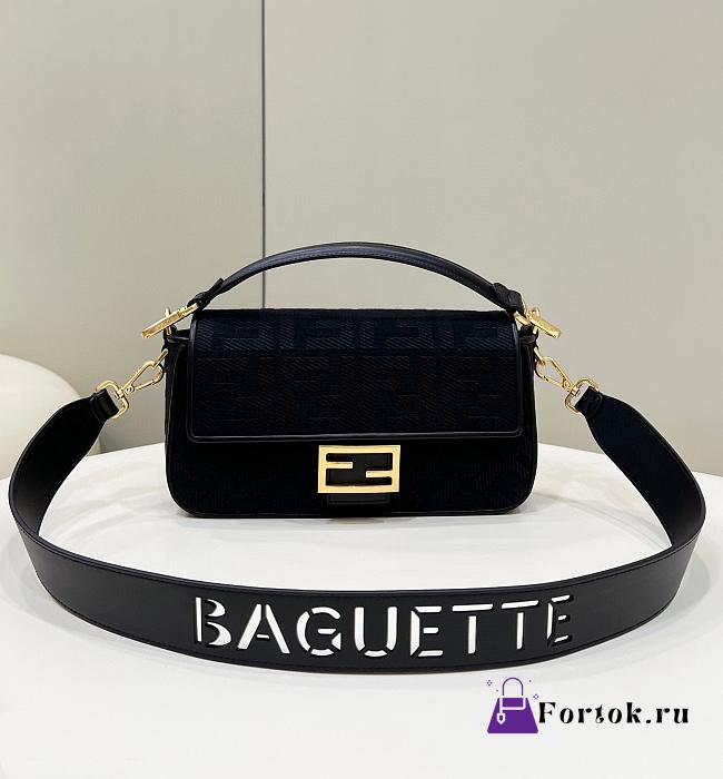 Fortok Fendi Baguette Double FF Three-dimensional Embroidery Bag Black 8598 28x6.5x13.5cm - 1