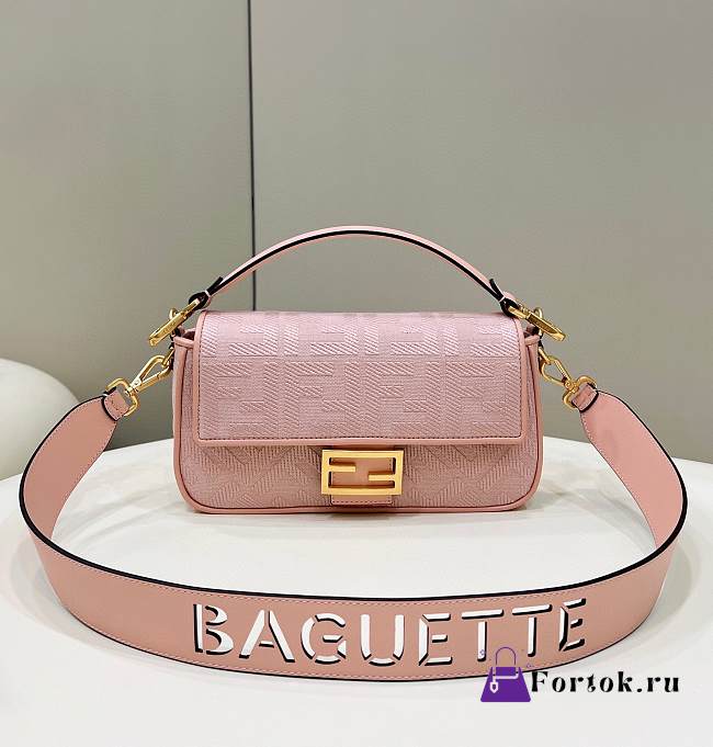 Fortok Fendi Baguette Double FF Three-dimensional Embroidery Bag Pink 8598 28x6.5x13.5cm - 1