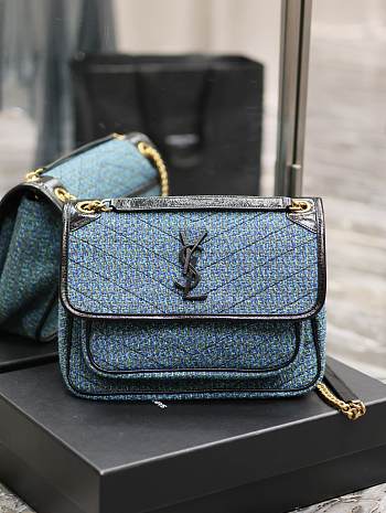 Fortok Saint Laurent Niki Tweed Shoulder Bag Blue 633158 28×20.5×8.5cm