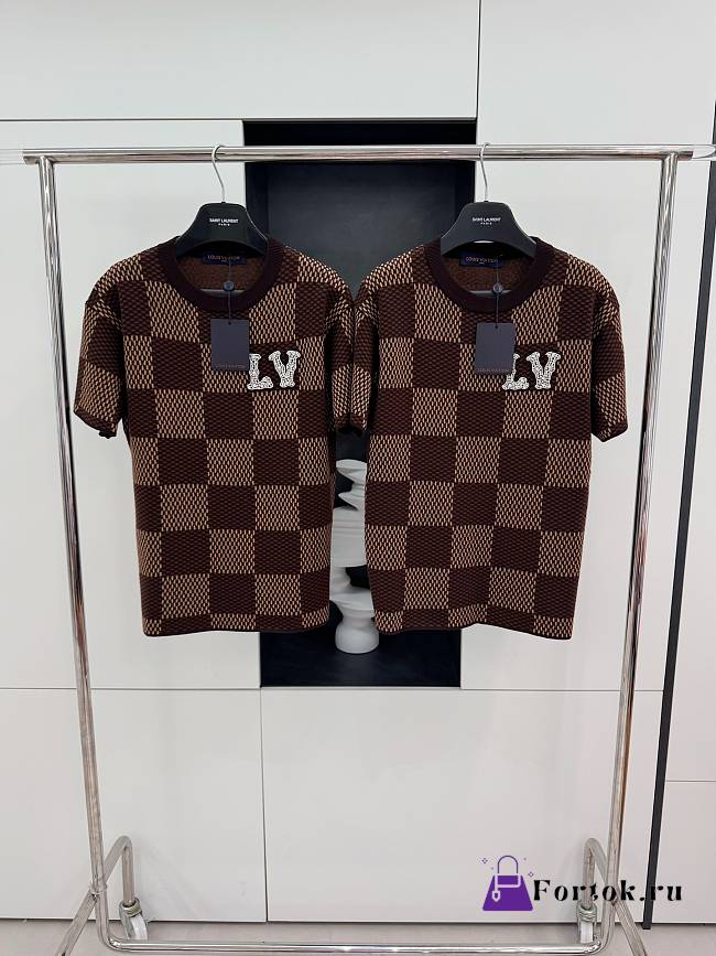 Fortok Louis Vuitton Brown Damier Crewneck With Crystal LV Patch  - 1
