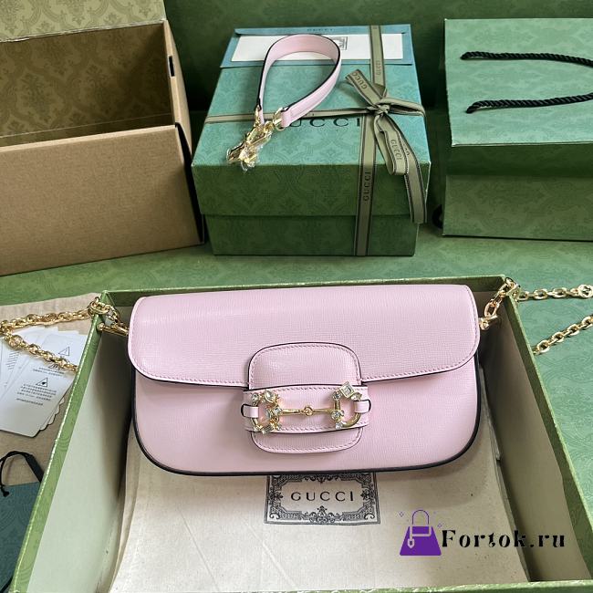 Fortok Gucci Horsebit 1955 Small Shoulder Bag Pink Gold-toned Crystal Hardware 24x13x5.5cm - 1