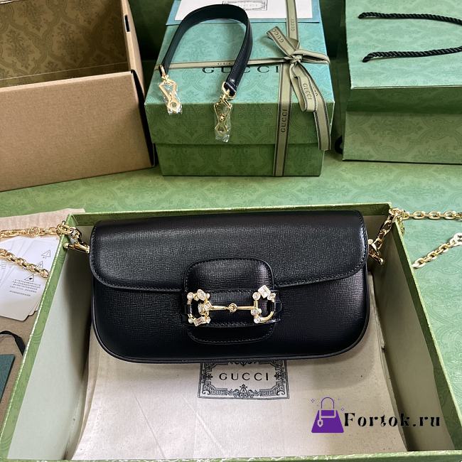 Fortok Gucci Horsebit 1955 Small Shoulder Bag Black Gold-toned Crystal Hardware 24x13x5.5cm - 1