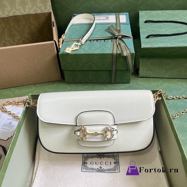 Fortok Gucci Horsebit 1955 Small Shoulder Bag White Gold-toned Crystal Hardware 24x13x5.5cm - 1