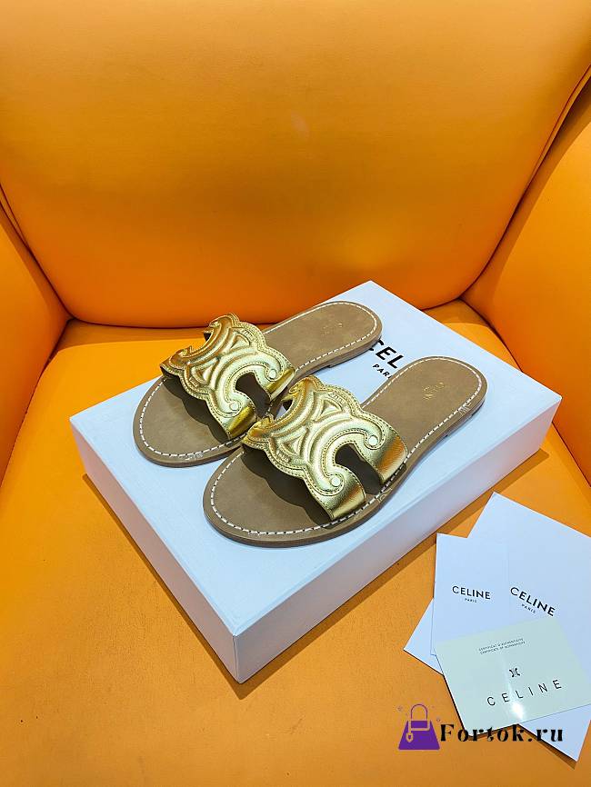 Fortok Celine Triomphe Calfskin Mules Gold - 1