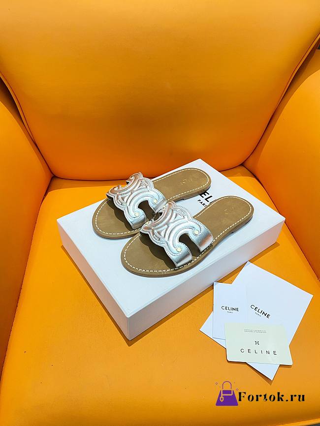Fortok Celine Triomphe Calfskin Mules Silver - 1