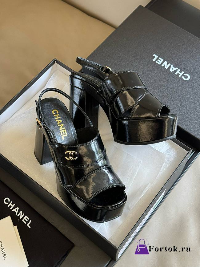 Fortok Chanel Patent Lambskin Platform Sandals Black - 1