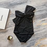 Fortok Chanel One-peice One-shoulder Swimsuit With Bow Black/White - 2