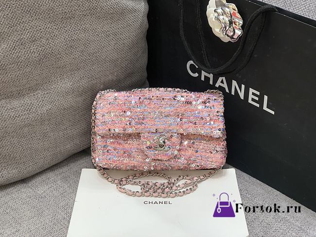 Fortok Chanel Quilted Mini Rectangular Flap Bag Pink Sequins 15x20x7cm - 1