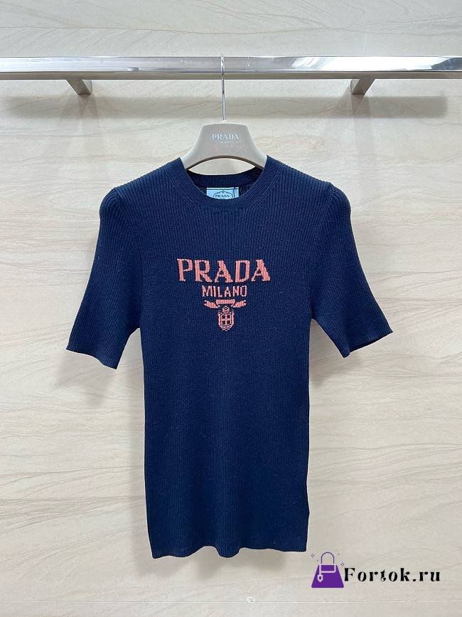 Fortok Prada Knitted Short Sleeve Top Dark Blue - 1