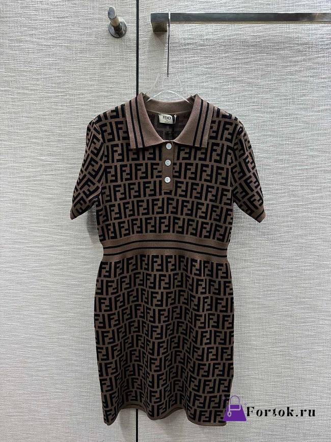 Fortok Fendi FF Logo Collar Knitted Short-sleeved Dress - 1