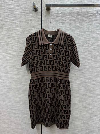 Fortok Fendi FF Logo Collar Knitted Short-sleeved Dress