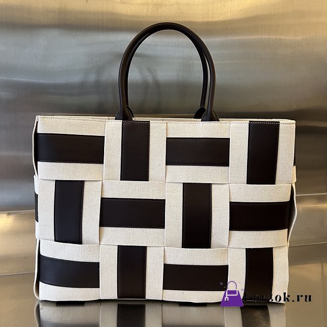 Fortok Bottega Veneta Large Intreccio Leather & Canvas Webbing Tote Bag Natural&Fondant - 1