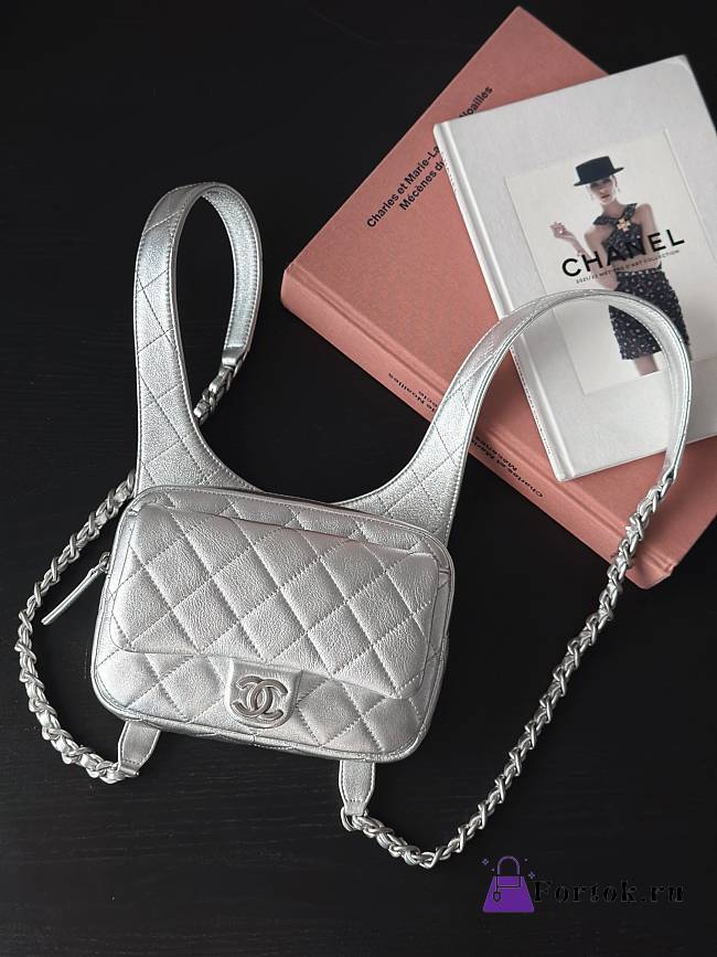 Fortok Chanel Silver Metallic Lambskin & Silver Metal Backpack 19x20x5.5cm - 1