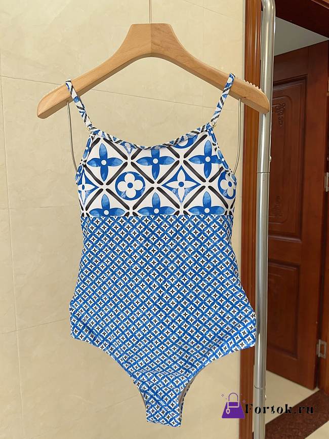 Fortok Louis Vuitton Monogram Flower Tile One-Piece Swimsuit Blue - 1