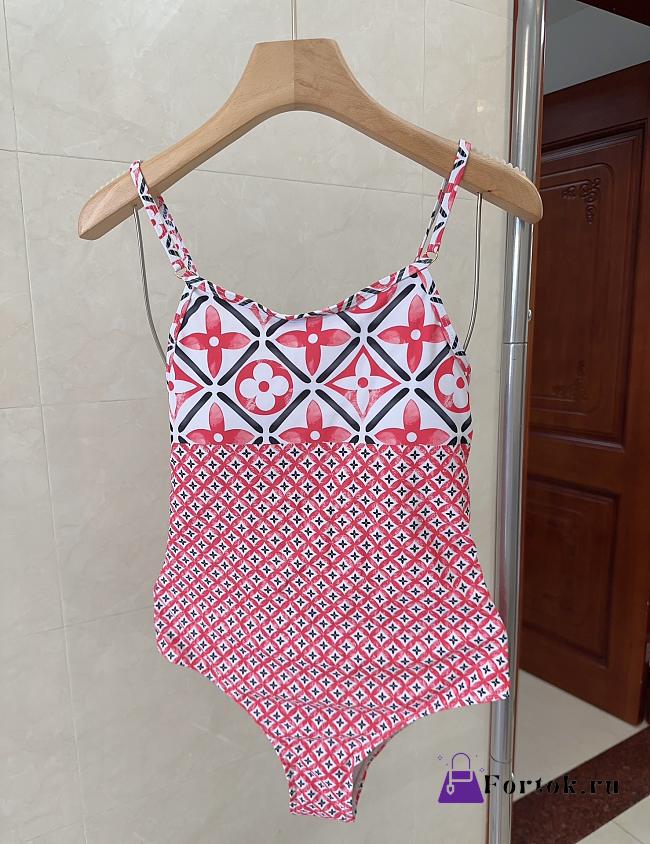 Fortok Louis Vuitton Monogram Flower Tile One-Piece Swimsuit Pink - 1