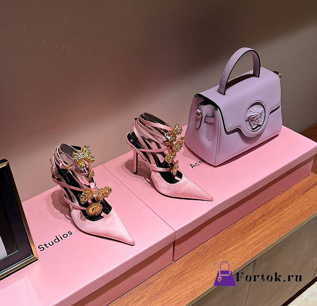 Fortok Versace Cryststal Bow Knot High Heel Sandals Pink - 1