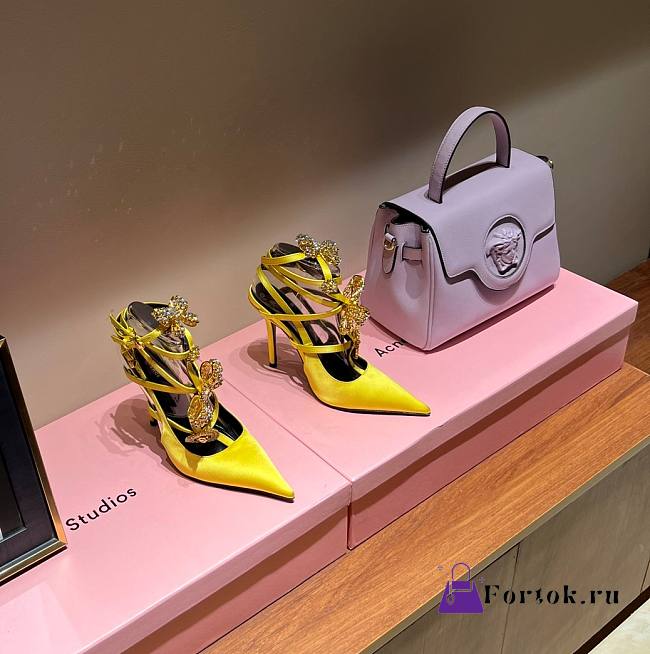 Fortok Versace Cryststal Bow Knot High Heel Sandals Yellow - 1