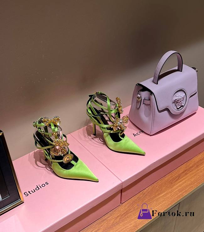 Fortok Versace Cryststal Bow Knot High Heel Sandals Green - 1