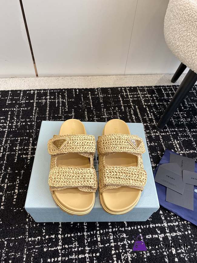 Fortok Prada Fussbett Raffia Dual Buckle Slide Sandals Beige - 1