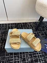 Fortok Prada Fussbett Raffia Dual Buckle Slide Sandals Beige - 3