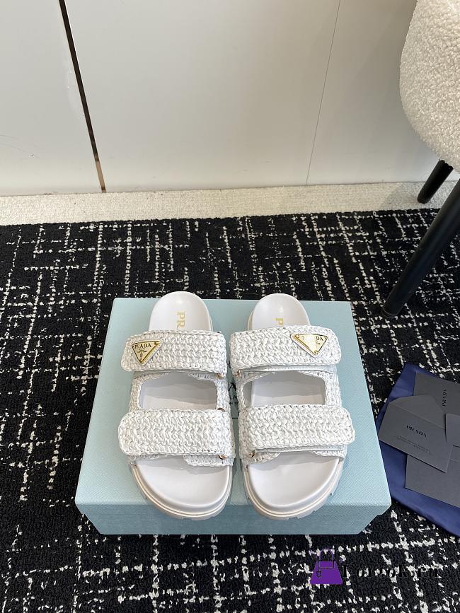 Fortok Prada Fussbett Raffia Dual Buckle Slide Sandals White - 1