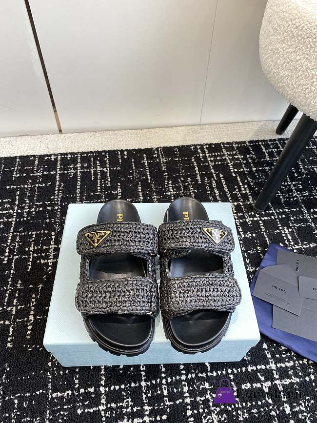 Fortok Prada Fussbett Raffia Dual Buckle Slide Sandals Black - 1