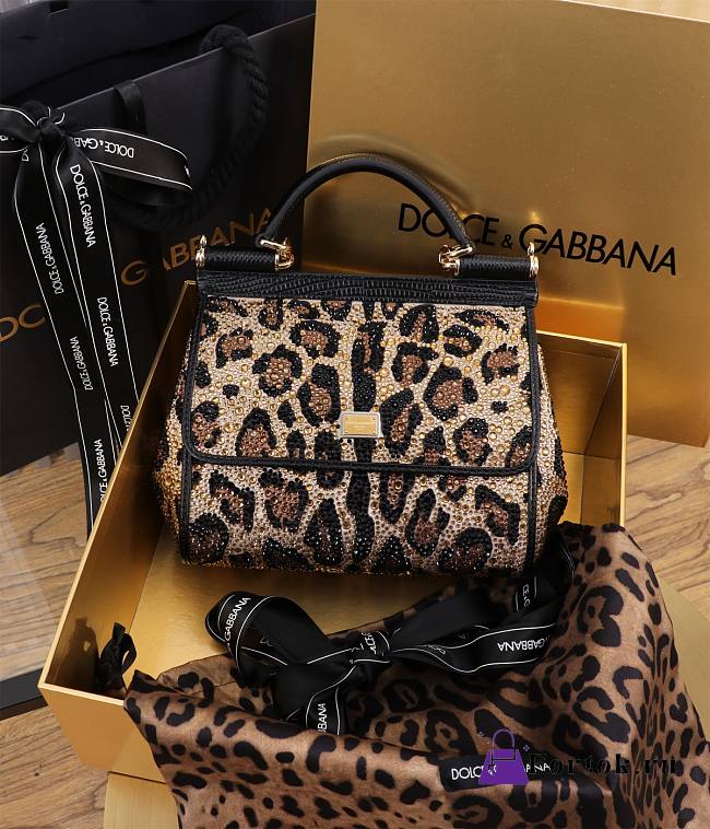 Fortok Dolce & Gabbana Leopard Rhinestone Sicily Shoulder Bag 20x16x8cm - 1