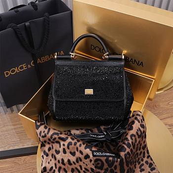 Fortok Dolce & Gabbana Rhinestone Sicily Shoulder Bag Black 20x16x8cm