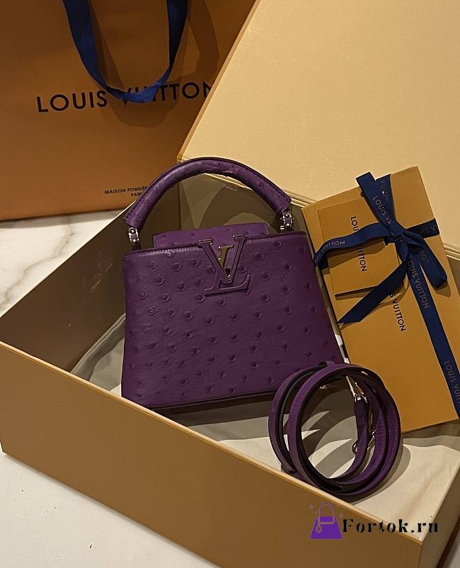 Fortok Louis Vuitton Capucines Bag Purple Ostrich Leather Pattern 21x14x9cm - 1