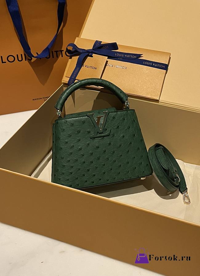 Fortok Louis Vuitton Capucines Bag Green Ostrich Leather Pattern 21x14x9cm - 1