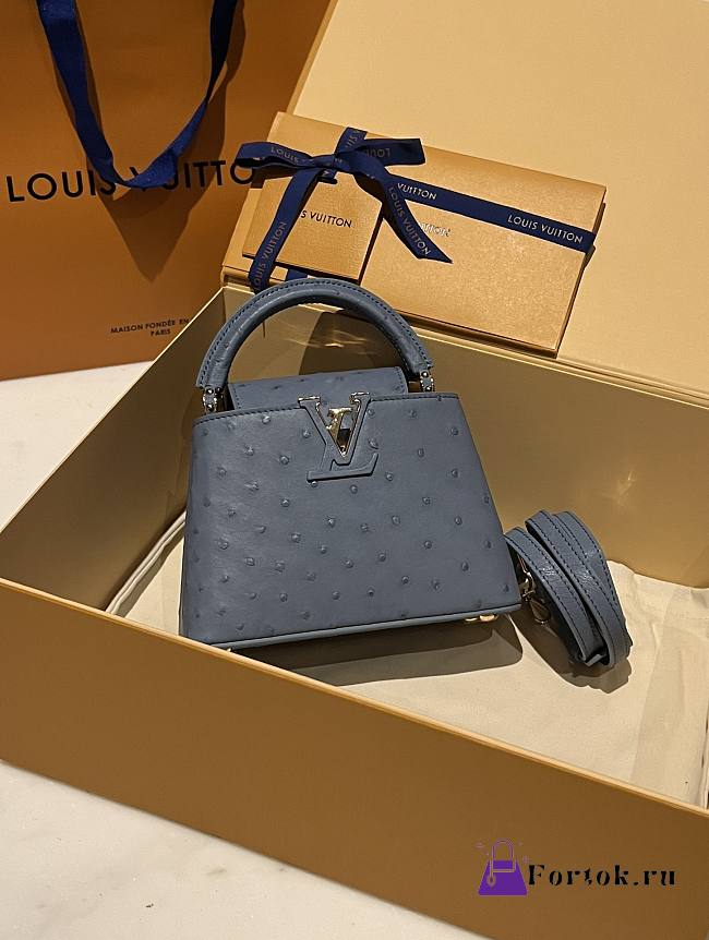 Fortok Louis Vuitton Capucines Bag Blue Ostrich Leather Pattern 21x14x9cm - 1