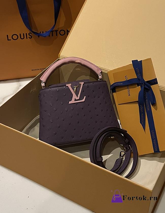 Fortok Louis Vuitton Capucines Bag Pink & Purple Ostrich Leather Pattern 21x14x9cm - 1