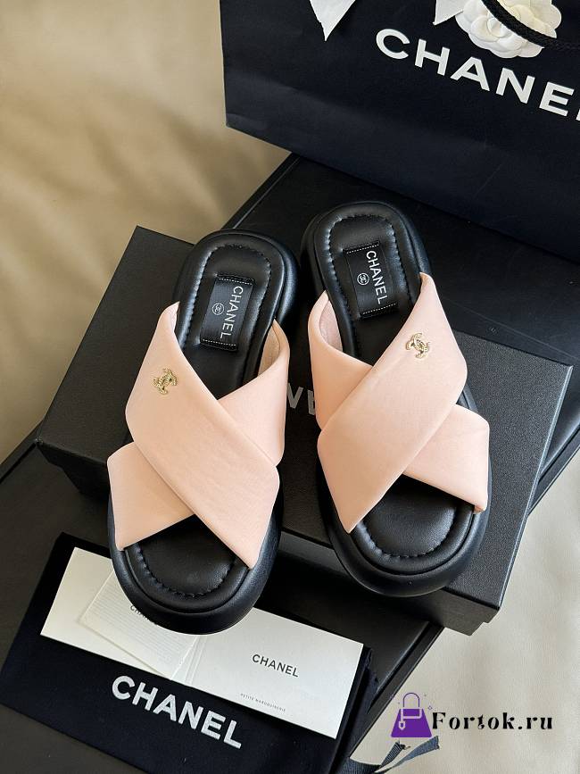 Fortok Chanel Mules Fabric Sandals Pink - 1