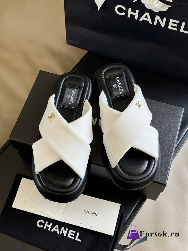 Fortok Chanel Mules Fabric Sandals White - 1
