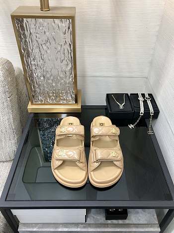 Fortok Chanel Beige Quilted Leather CC Velcro Flat Sandals 