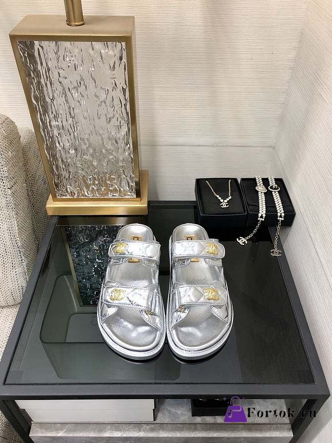 Fortok Chanel Silver Quilted Leather CC Velcro Flat Sandals - 1