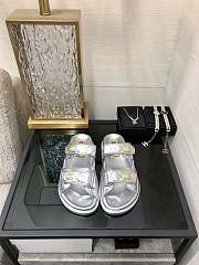 Fortok Chanel Silver Quilted Leather CC Velcro Flat Sandals - 1