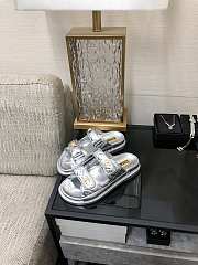 Fortok Chanel Silver Quilted Leather CC Velcro Flat Sandals - 2