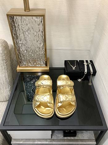 Fortok Chanel Gold Quilted Leather CC Velcro Flat Sandals