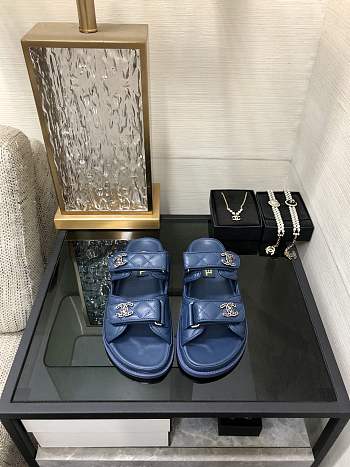 Fortok Chanel Blue Quilted Leather CC Velcro Flat Sandals