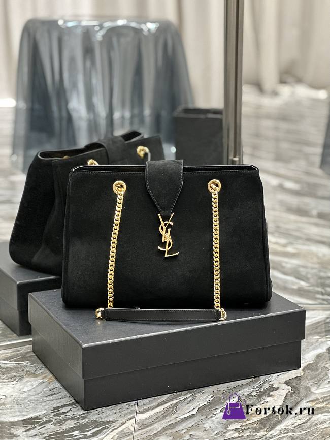 Fortok Saint Laurent Cassandre Shopper Tote Suede Leather Black 668900 33×22×15cm - 1
