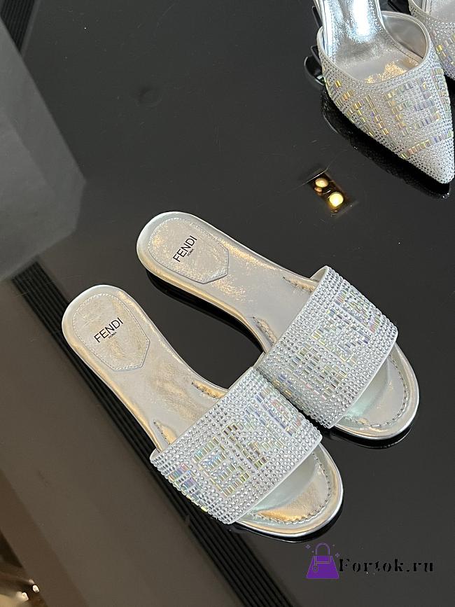 Fortok Fendi Silver Crystal Embellished Signature Slides - 1