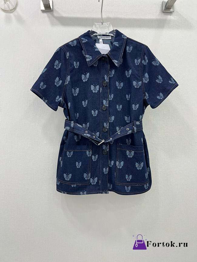 Fortok Dior Butterfly Pattern Denim Short-sleeved Shirt - 1