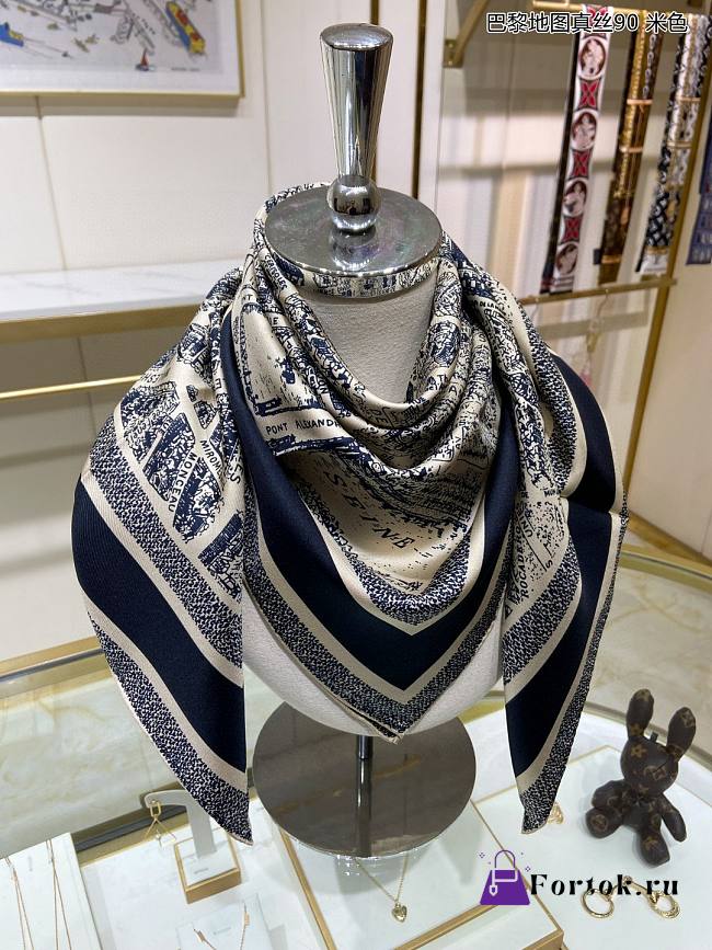 Fortok Dior Plan de Paris 90 Square Scarf Beige and Navy Blue Silk Twill - 1